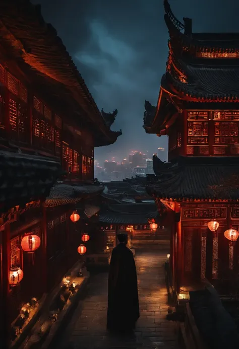 The top half of the picture is a high-rise building with a technological style，Below are ancient Chinese buildings，There is a black-cloaked assassin on the building