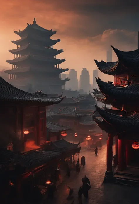 The top half of the picture is a high-rise building with a technological style，Below are ancient Chinese buildings，There is a black-cloaked assassin on the building