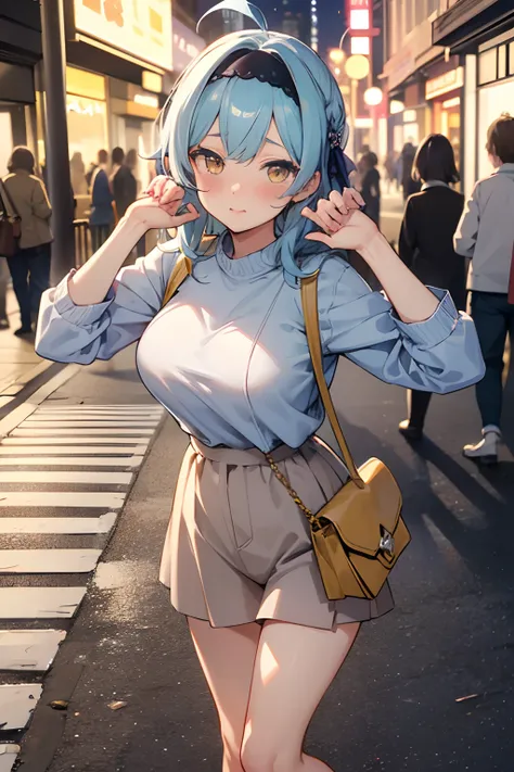 sfw, masterpiece, standing (woman 1), (((cute pose)), ((casual clothes))), yellow eyes,  pouder blue hair, cute blush, (city), w...