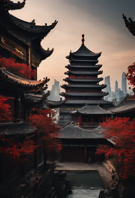 The top half of the picture is a high-rise building with a technological style，Below are ancient Chinese buildings，There is a black-cloaked assassin on the building