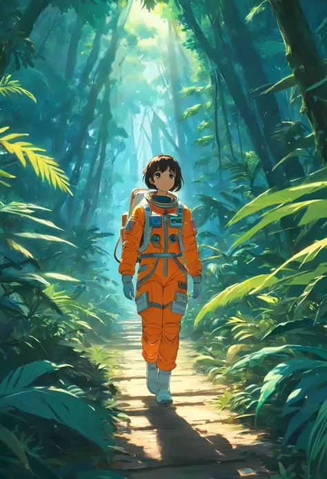 Astronaut walking in the jungle, sony a7r, 50mm lens, morningglow, 8K