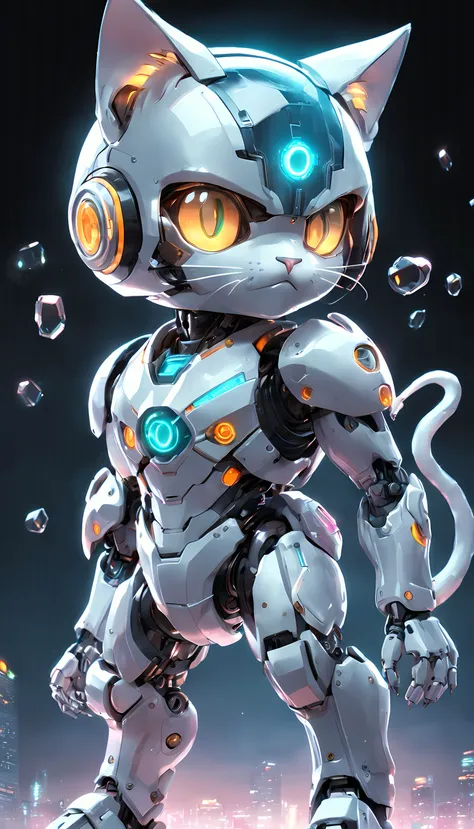 robotic cat, (estilo de brinquedo da caixa cega:1.2), (tiro de corpo inteiro) , 1 Menino Transparente,Behind him is a cute transparent robot cat, Mech transparente, Capacete requintado:1.2, Glasses:1.2, Cyberpunk, brilho sonhador, luminous neon lights, lim...