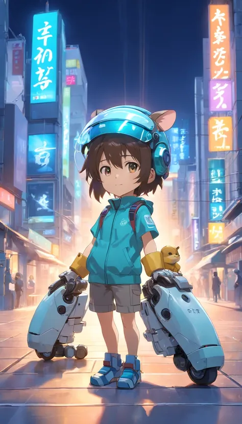 The person in the photo I gave々Using the，Robotic rats, (Blind box toy style:1.2), (Full body shot) , 1 Transparent Boy,Behind him is a transparent and cute robotic mouse, Transparent mech, Exquisite helmet:1.2, Luminous goggles:1.2, Cyberpunk, dreamy glow,...