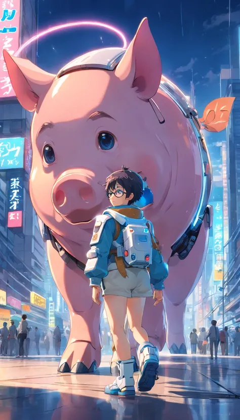 robotic pig, (Blind box toy style:1.2), (full body shot of) , 1 Transparent Boy,Behind him is a cute transparent robot cat, Mecha transparent, Exquisite helmet:1.2, Glasses:1.2, Cyberpunk, dreamy glow, luminous neon lights, ren, white backgrounid, ( global...