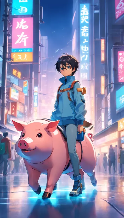 robotic pig, (Blind box toy style:1.2), (full body shot of) , 1 Transparent Boy,Behind him is a cute transparent robot cat, Mecha transparent, Exquisite helmet:1.2, Glasses:1.2, Cyberpunk, dreamy glow, luminous neon lights, ren, white backgrounid, ( global...