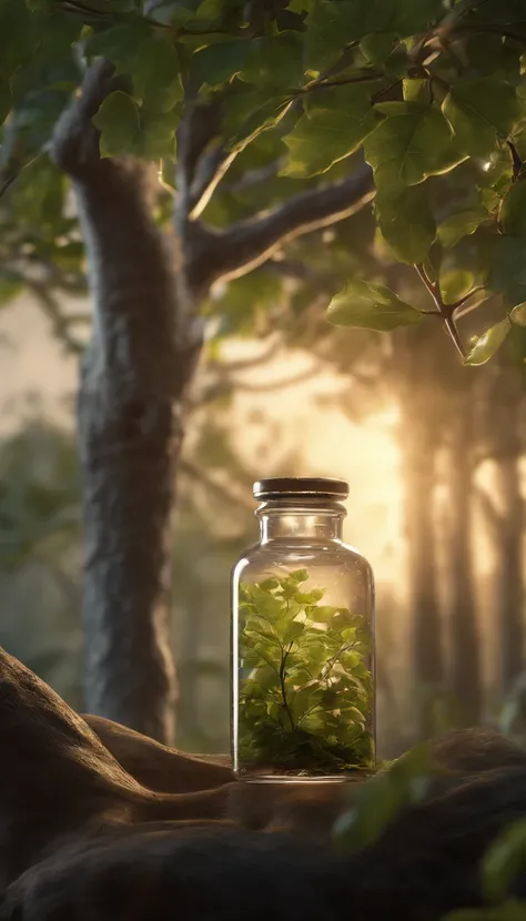 A dreamy art tree in a bottle, Felpudo, Realistic, photographic, canon, sonhador, artistic, splendid leaves and branches with flowers above his head. Ultra Detailed Photo Realism by Greg Rutkowski - H1024W 804 | Marcadores de lente F16 2:2 S 35555 mm Film ...