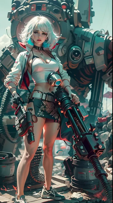 motor irreal:1.4,CG ultra realista 64K, fotorrealista:1.4, textura de la piel:1.4, obra 1girl wearing bikini ,gatling gun,  shell casing, looking at viewer, bangs, ammunition belt, gloves,saggy breasts,firing,In the picture, a beautiful girl with short hai...