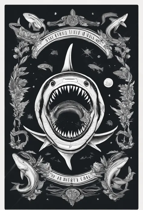 /imagine prompt: Shark illustration for a sticker with a black background, em negrito estilo de contorno, bordas irregulares, Lixo, sombreamento claro --v 5.2