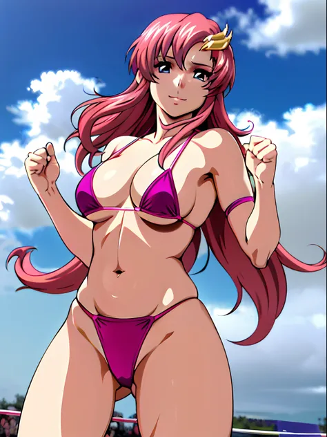 (masterpiece, upper body view, 4K, Best Quality, Anime style: 1.9,, Adult Woman, ultra detailed face, (cloud background, wrestling), Drawing lines, high resolution, Anime, lacus4), 1girl, Solo, curvy figure, Long hair, 鎖骨, scapular, (Detailed wide hair ban...