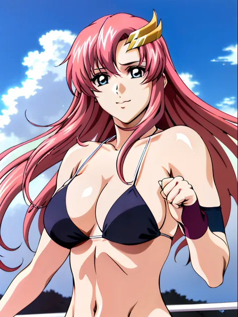 (masterpiece, upper body view, 4K, Best Quality, Anime style: 1.9,, Adult Woman, ultra detailed face, (cloud background, wrestling), Drawing lines, high resolution, Anime, lacus4), 1girl, Solo, curvy figure, Long hair, 鎖骨, scapular, (Detailed wide hair ban...