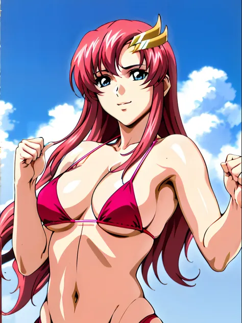 (masterpiece, upper body view, 4K, Best Quality, Anime style: 1.9,, Adult Woman, ultra detailed face, (cloud background, wrestling), Drawing lines, high resolution, Anime, lacus4), 1girl, Solo, curvy figure, Long hair, 鎖骨, scapular, (Detailed wide hair ban...