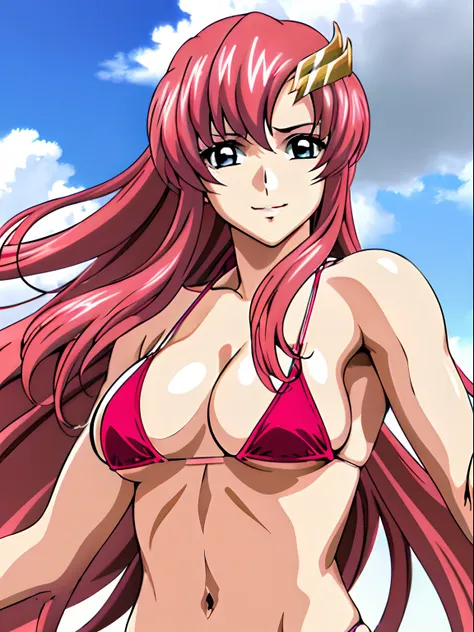 (masterpiece, upper body view, 4K, Best Quality, Anime style: 1.9,, Adult Woman, ultra detailed face, (cloud background, wrestling), Drawing lines, high resolution, Anime, lacus4), 1girl, Solo, curvy figure, Long hair, 鎖骨, scapular, (Detailed wide hair ban...