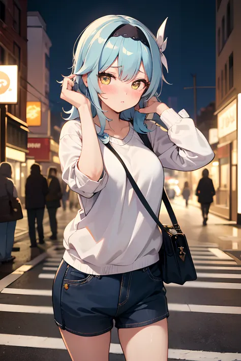 sfw, masterpiece, standing (woman 1), (((cute pose)), ((casual clothes))), yellow eyes,  pouder blue hair, cute blush, (city), w...