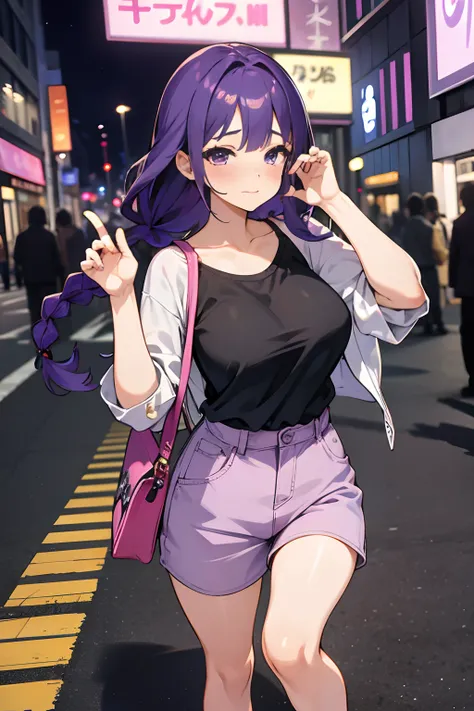 SFW, masterpiece, standing (woman 1), (((cute pose)), ((casual clothes))), purple,  purple hair, cute blush, (city), wind, blush, ((milf)), night, (((busy street))), perfect hands, purse, braid