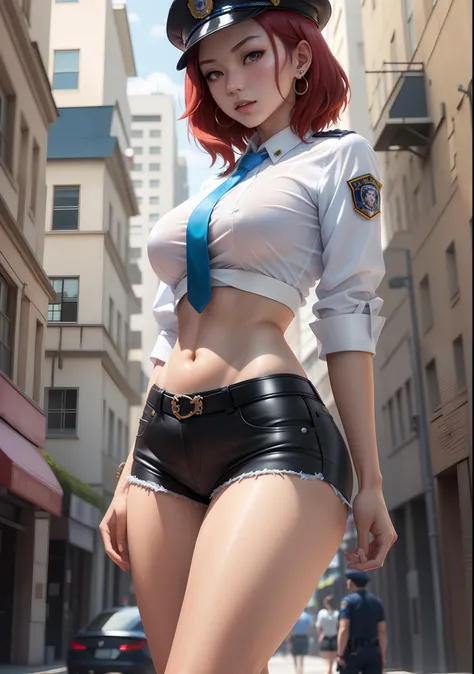 Masterpiece, best quality, detailed face, Nishikino maki, short hair, blue shirt,half sleeves, necktie,earrings, black belt, tight white low shorts, midriff, standing, sexy pose, police cap,in street, big breasts