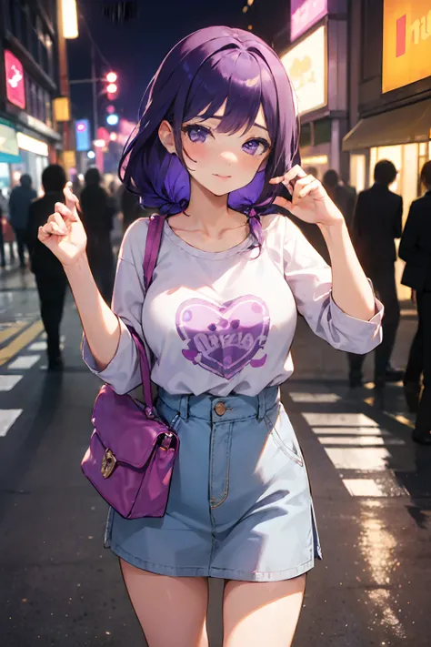 SFW, masterpiece, standing (woman 1), (((cute pose)), ((casual clothes))), purple,  purple hair, cute blush, (city), wind, blush, ((milf)), night, (((busy street))), perfect hands, purse, braid, ((detailed hands))