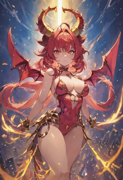 (masterpiece, best quality:1.3) WowAlexstrasza, 1girl, solo, long hair, breasts, looking at viewer, red eyes, thighhighs, gloves, jewelry, huge breasts, thighs, earrings, horns, sky, day, elbow gloves, cloud, armor, blue sky, lips, orange eyes, glowing, th...