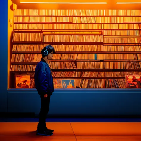 there's a man standing in front of a wall with a shelf of records, menina em uma loja de discos, discos musicais, style hybrid m...