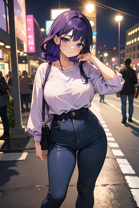 SFW, masterpiece, standing (woman 1), (((cute pose)), ((casual clothes))), purple,  purple hair, cute blush, (city), wind, blush, ((milf)), night, (((very busy street))), perfect hands, purse, braid, ((hands behind the back)), pants, tight shirt