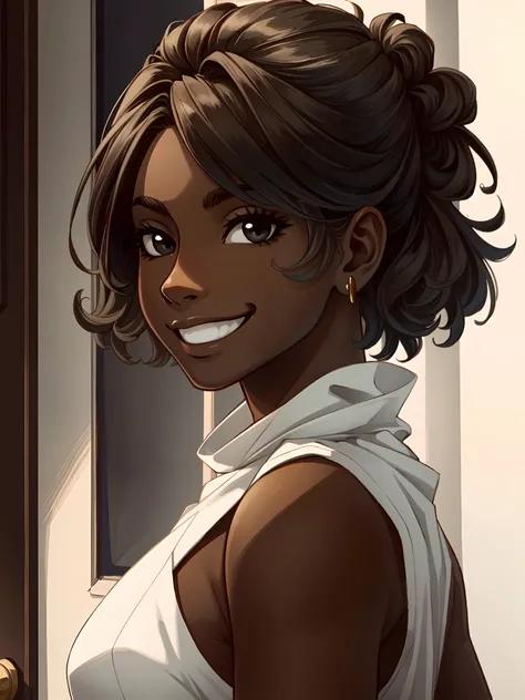 Masterpiece, best quality, high-res, extremely detailed, 1 girl, (dark brown skin tone:1.2), black eyes, smiling