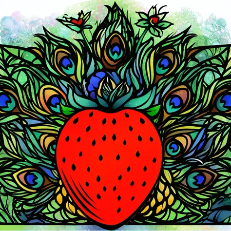 there's a red strawberry with peacock feathers on it., campos de morango para sempre, arte vetorial multicolorida, inspired by j...