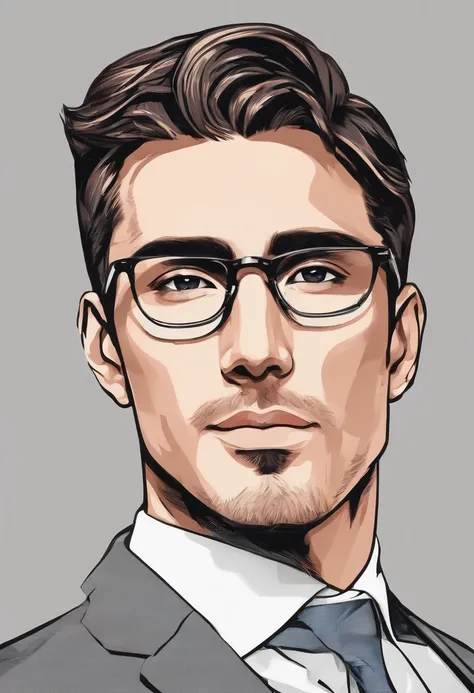 hyper realistic, portrait of a handsome caucasian man, tan skin, double eyelids, dark hair, stubble, chiseled jaw, muscular, glasses, black pinstripe suit,