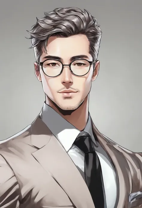 hyper realistic, portrait of a handsome caucasian man, tan skin, double eyelids, dark hair, stubble, chiseled jaw, muscular, glasses, black pinstripe suit,