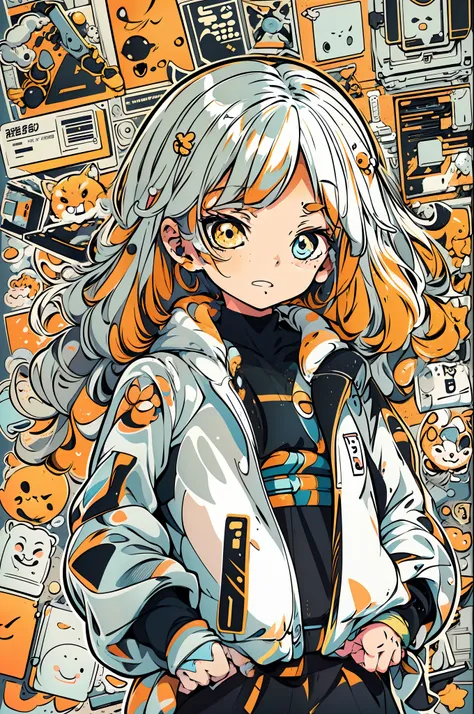 anime girl with orange and white jacket and black jacket surrounded by stickers, anime mecha aesthetic, anime style 4 k, anime g...