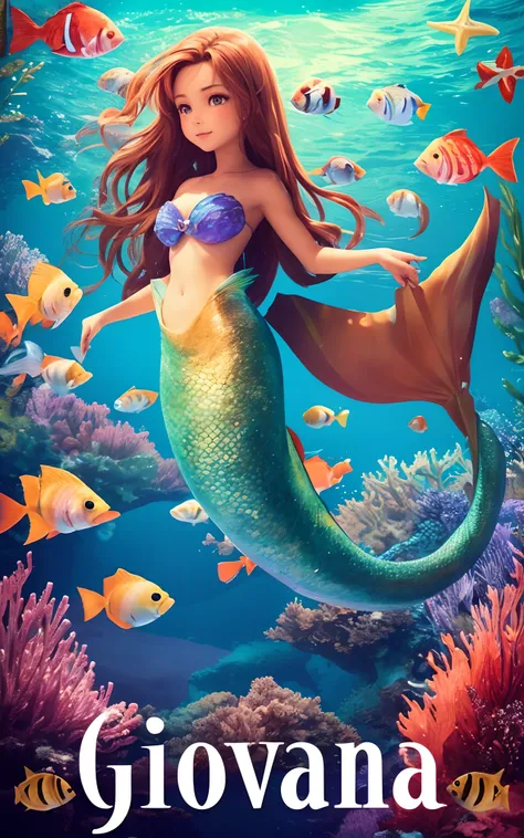 Create a picture of a mermaid in the sea with fish. --The typography written {("GIOVANA")}--, must be placed in the center of the image, The mermaid must be tall and curvaceous, with long, wavy brown hair, She must have a colorful and shiny fish tail. The ...