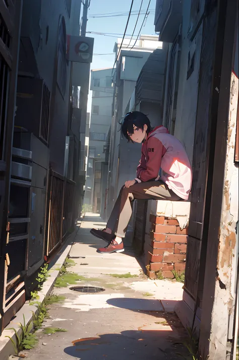 Generate a 3D rendered anime boy in a desolate urban alleyway, sitting alone and lost in thought