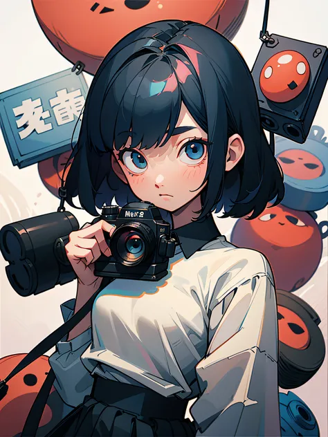 Short Bobs２０Portrait of a woman in her teens、Hair color is black、Baggy white shirt and skirt、Holding the camera、Hanging a camera around his neck、Lots of cameras scattered in the background