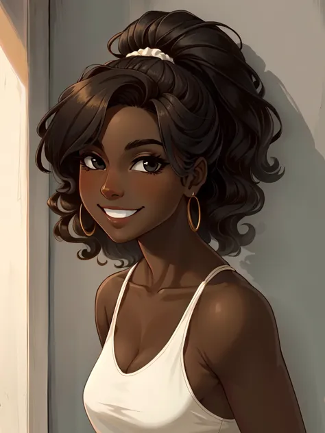 masterpiece, best quality, high-res, extremely detailed, 1 girl, (dark brown skin tone:1.2), black eyes, smiling