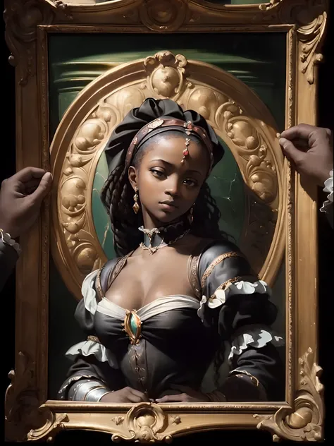 (Renaissance oil painting of a beautiful black woman:1.3), best quality, masterpiece, expressive, thrilling, 256k, epic, crepuscular lights, (by Michelangelo, by Rafael, by Rubens:1.2), chiaroscuro, best quality, masterpiece, (best hands)