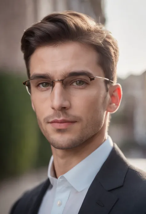 hyper realistic, portrait of a handsome caucasian man, tan skin, double eyelids, piercing green eyes, dark hair, stubble, chiseled jaw, muscular, glasses, black pinstripe suit,