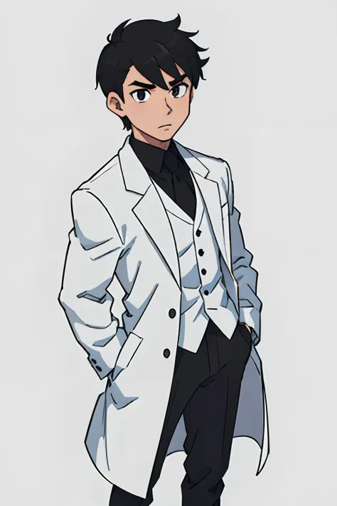 (best quality: 0.8), (best quality: 0.8), perfect anime illustration, extreme close-up portrait of a man, black eye, black hair, white overcoat, short hair, quiff, neutral background, full body , standing, full body