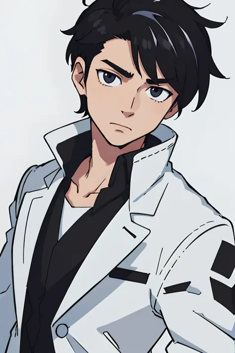 (best quality: 0.8), (best quality: 0.8), perfect anime illustration, extreme close-up portrait of a man, black eye, black hair, white overcoat, short hair, quiff, neutral background, full body , standing, full body