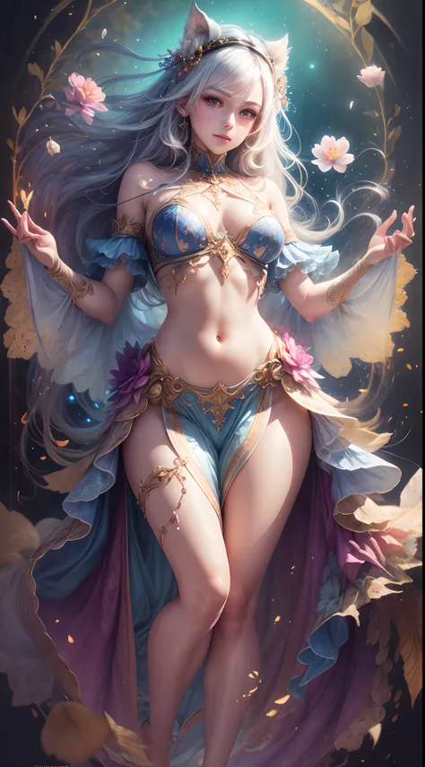 A captivating anime girl gracefully emerges from the pages of a watercolor painting, her vibrant and intricate colors breathing life into the artwork. She wears extraordinary fantasy costumes，Decorated with exquisite details, reflecting the enchanting worl...