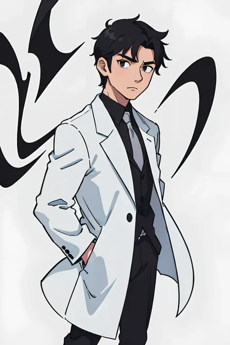 (best quality: 0.8), (best quality: 0.8), perfect anime illustration, extreme close-up portrait of a man, black eye, black hair, white overcoat, short hair, quiff, neutral background, full body , standing, full body