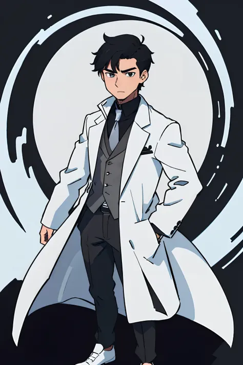 (best quality: 0.8), (best quality: 0.8), perfect anime illustration, extreme close-up portrait of a man, black eye, black hair, white overcoat, short hair, quiff, neutral background, full body , standing, full body