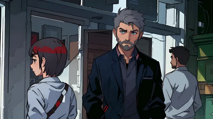 casual dressed man, smart jacket, red shirt, denim trousers, sneakers, character design sheet, short beard, grey hair, blue eyes, different poses, different angles