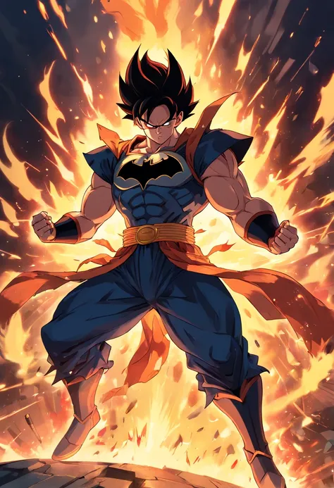 (a powerful saiyan:1.2), (detailed armor:1.1) of (Batman:1.1) (from The Dark Knight:1.1), (intense battle scene:1.1), (dynamic fighting pose), (flames and sparks flying:1.1), (magnificent energy aura), (explosive power:1.1), (vibrant colors:1.1), (ink and ...