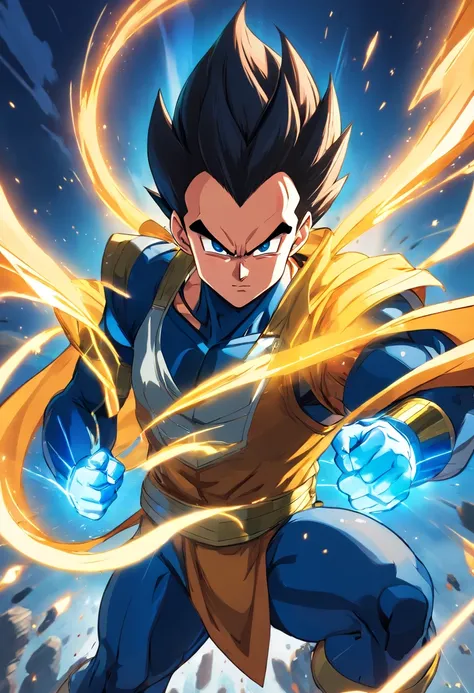 Vegeta wearing Batmans suit, Dragon Ball, Male, (best quality,4k,8k,highres,masterpiece:1.2),ultra-detailed, (realistic,photorealistic,photo-realistic:1.37), vibrant colors, dynamic lighting, intense fight scene, powerful energy aura, striking pose, seriou...