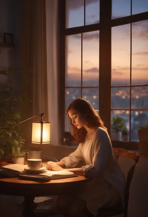 Give me 4 examples of anime-style image with a young woman studying at the computer at a table with a cup of coffee in front of a window, interior do quarto em casa, Fundo do anime, cinematic night light, ray tracing, papel de parede interior altamente det...