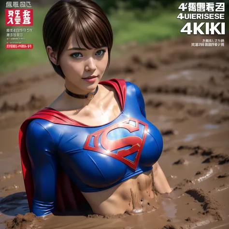 (Best Quality,4K,8K,hight resolution,masutepiece:1.2),Ultra-detailed,Realistic:1.37,Super masterpiece,Short-haired Supergirl chained to mud、large full breasts、Looking at the camera、Glossy costume、a choker、Covered in mud、Weekly magazine cover、Soiled breasts