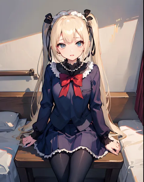 1girl in、独奏、Marie Rose、cowboy  shot、embarassed expression、Bedroom、((School Uniforms))、((pleatedskirt))、((pantyhose))、Sit up