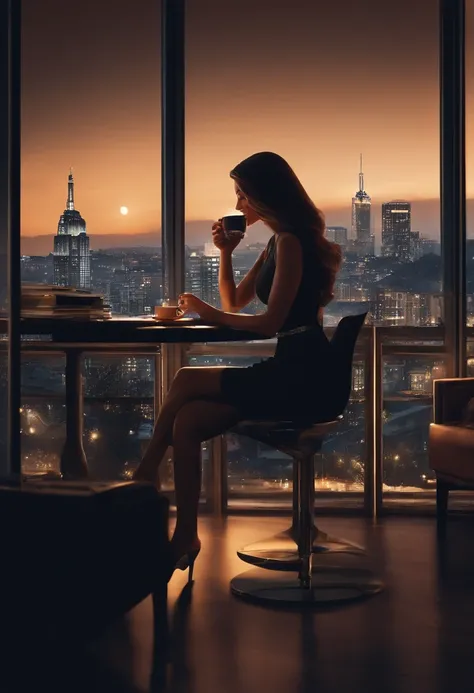 Computer girl turned on at a table with a cup of coffee in front of a window showing a landscape of the city at night, Home Office Interior, Fundo do anime, cinematic night light, ray tracing, papel de parede interior altamente detalhado, luz para escrivan...