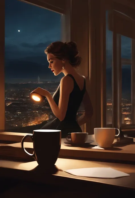 Computer girl turned on at a table with a cup of coffee in front of a window showing a landscape of the city at night, Home Office Interior, Fundo do anime, cinematic night light, ray tracing, papel de parede interior altamente detalhado, luz para escrivan...