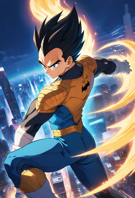 Vegeta wearing the Batman SUIT, Dragon Ball, male (realistic:1.2), vibrant colors, detailed facial features, muscular physique, intense expression, spiky black hair, glowing blue eyes, sharp eyebrows, New York cityscape background, heroic stance, glowing a...