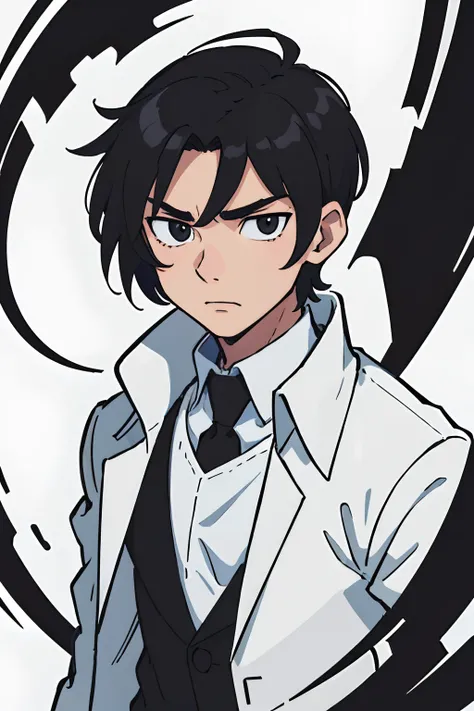 (best quality: 0.8), (best quality: 0.8), perfect anime illustration, extreme close-up portrait of a man, black eye, black hair, white overcoat, short hair, quiff, neutral background, full body , standing, full body