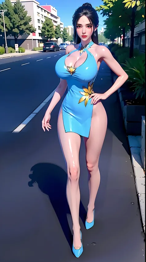 physically-based rendering, (1girl:1), Female, (huge fake breasts:1.1), street, sexy muscular body, muscle abs, slim waist, big buttocks, (Full body:1.3), walking, wearing dress.